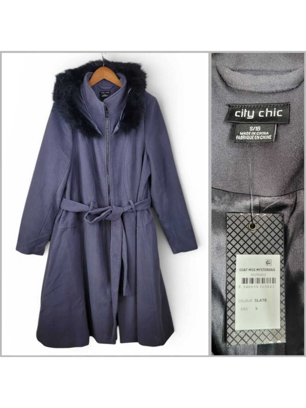 NEW City Chic Fleece Pea Coat Sz 16 Jacket Winter Peacoat Hooded Faux Fur Winter